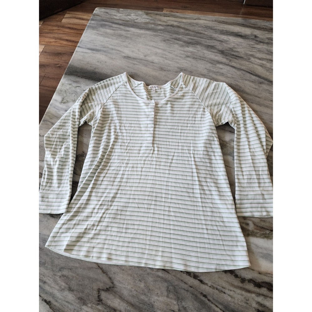 LAKE Pajamas Women M Green White Striped Pima Cotton Long Sleeve Henley Top